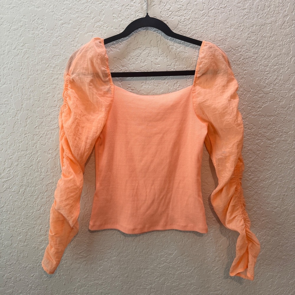 Anthropologie Ribbed Puff Sleeve Top Size S Peach Romantic Cottagecore Boho - Picture 5 of 6